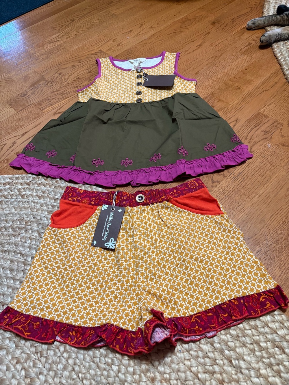 Matilda Jane Girls Green Olive, Yellow & Magenta Matching Set